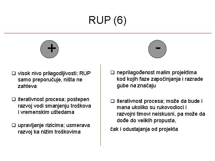 RUP (6) + visok nivo prilagodljivosti; RUP samo preporučuje, ništa ne zahteva iterativnost procesa;