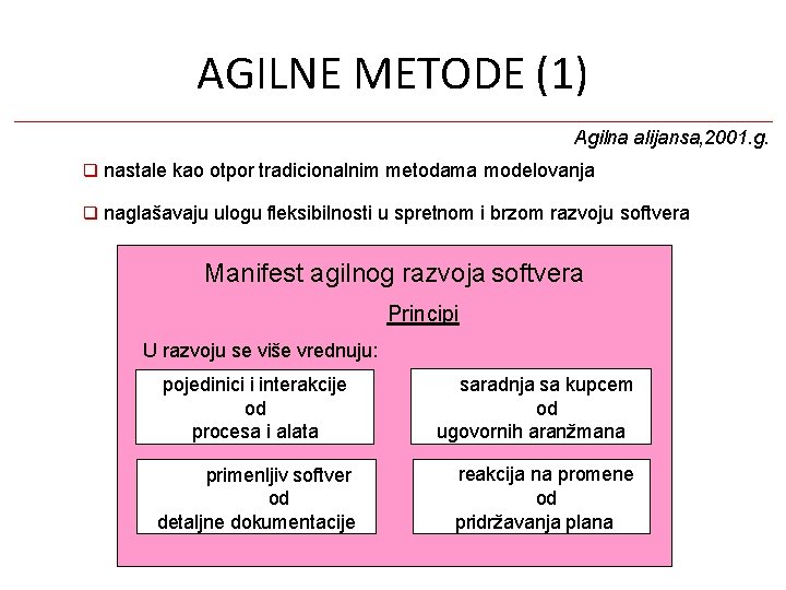 AGILNE METODE (1) Agilna alijansa, 2001. g. nastale kao otpor tradicionalnim metodama modelovanja naglašavaju