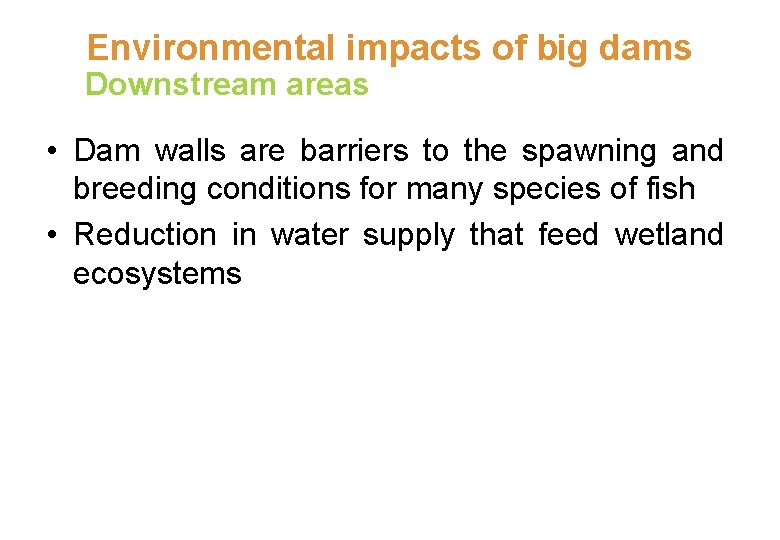 Environmental impacts of big dams Downstream areas • Dam walls are barriers to the