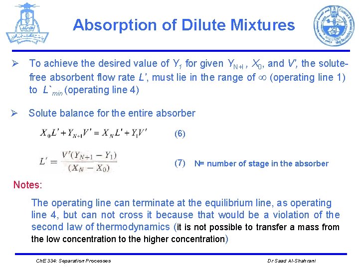 Absorption of Dilute Mixtures Ø To achieve the desired value of Y 1 for