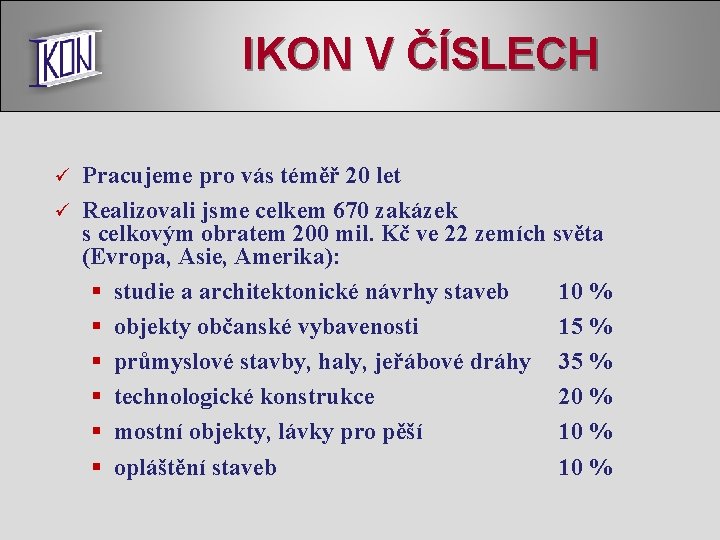 IKON V ČÍSLECH Pracujeme pro vás téměř 20 let ü Realizovali jsme celkem 670