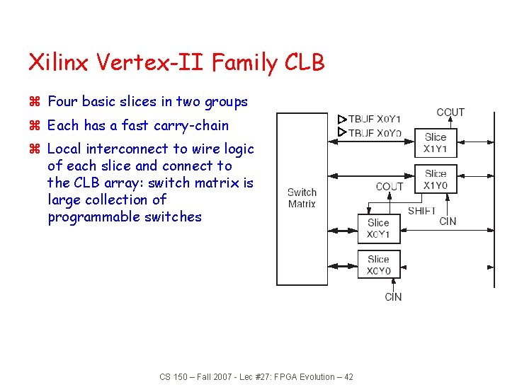 Xilinx Vertex-II Family CLB z Four basic slices in two groups z Each has