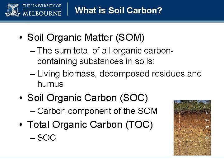 What is Soil Carbon? • Soil Organic Matter (SOM) – The sum total of