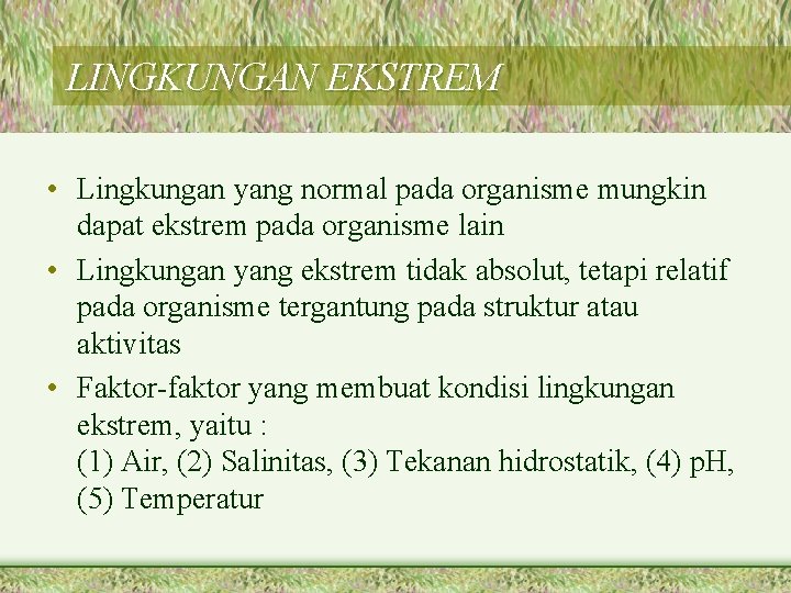 LINGKUNGAN EKSTREM • Lingkungan yang normal pada organisme mungkin dapat ekstrem pada organisme lain