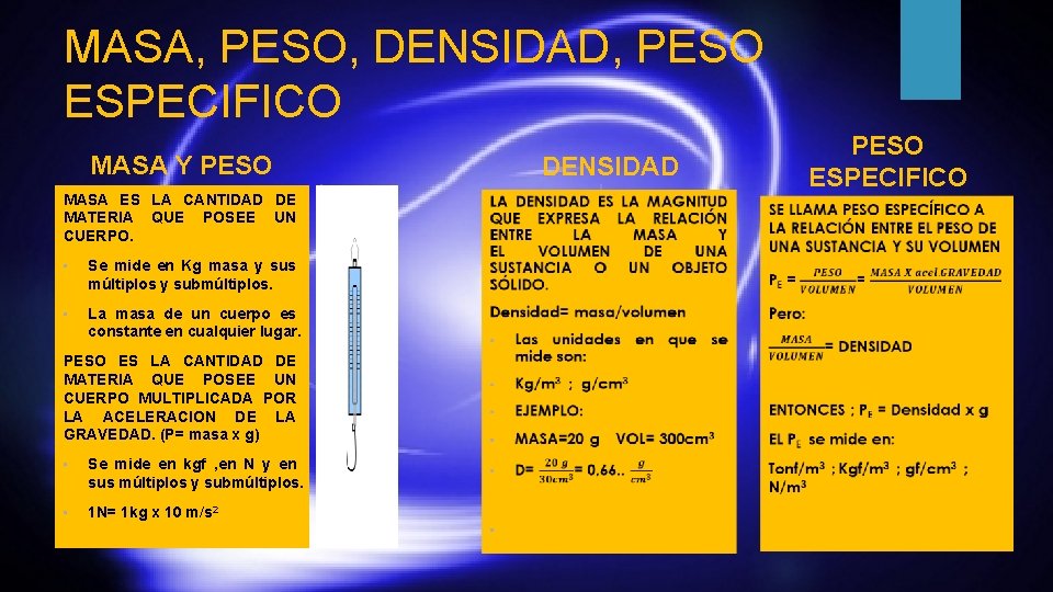 MASA, PESO, DENSIDAD, PESO ESPECIFICO MASA Y PESO MASA ES LA CANTIDAD DE MATERIA