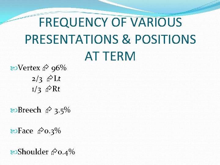 FREQUENCY OF VARIOUS PRESENTATIONS & POSITIONS AT TERM Vertex 96% 2/3 Lt 1/3 Rt