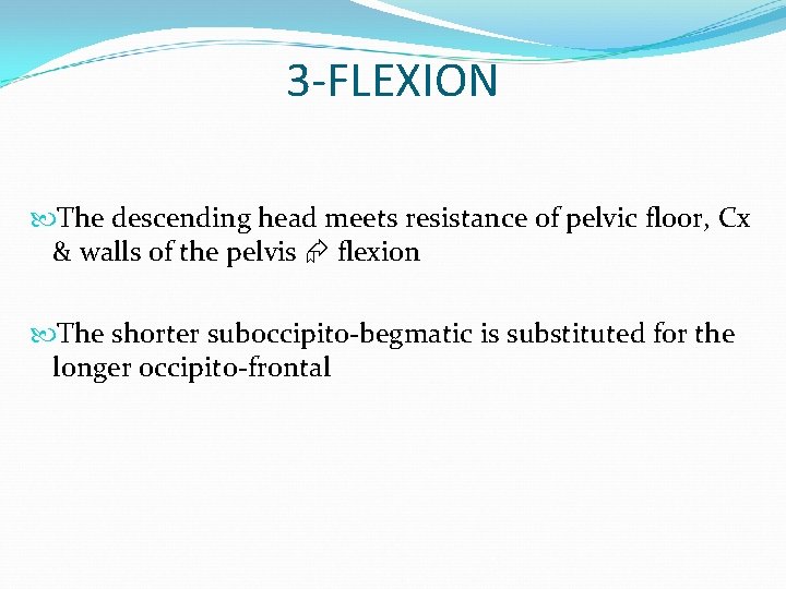 3 -FLEXION The descending head meets resistance of pelvic floor, Cx & walls of