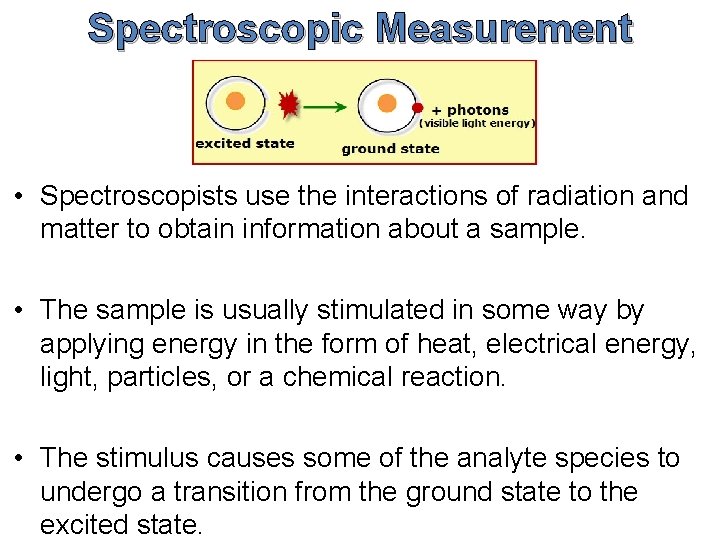Spectroscopic Measurement • Spectroscopists use the interactions of radiation and matter to obtain information