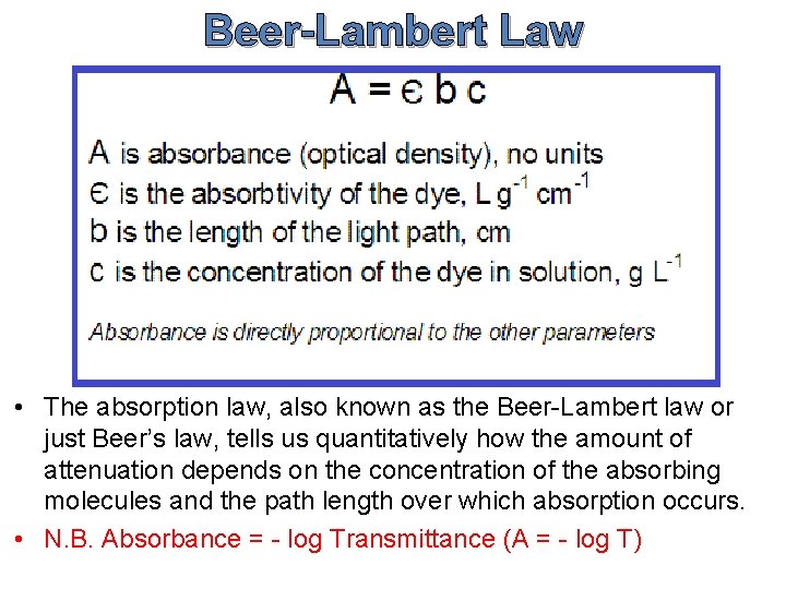 Beer-Lambert Law • The absorption law, also known as the Beer-Lambert law or just