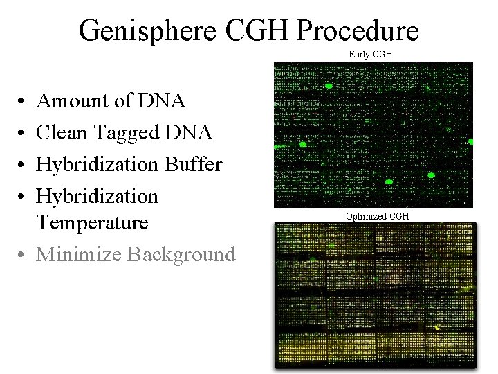 Genisphere CGH Procedure Early CGH • • Amount of DNA Clean Tagged DNA Hybridization Genisphere CGH Procedure Early CGH • • Amount of DNA Clean Tagged DNA Hybridization