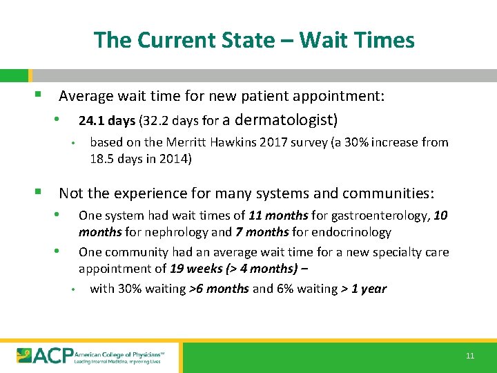 The Current State – Wait Times § Average wait time for new patient appointment: The Current State – Wait Times § Average wait time for new patient appointment: