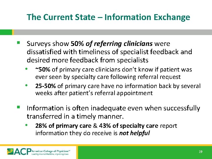 The Current State – Information Exchange § Surveys show 50% of referring clinicians were The Current State – Information Exchange § Surveys show 50% of referring clinicians were