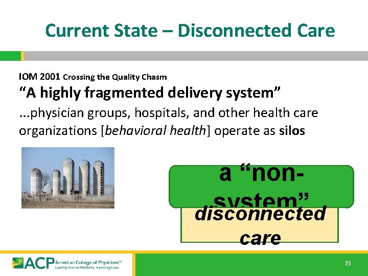 Current State – Disconnected Care IOM 2001 Crossing the Quality Chasm “A highly fragmented Current State – Disconnected Care IOM 2001 Crossing the Quality Chasm “A highly fragmented