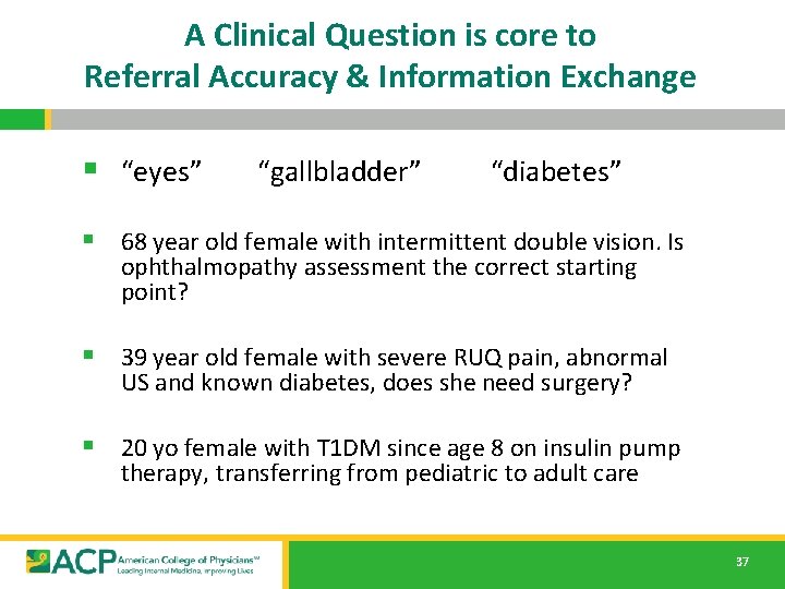 A Clinical Question is core to Referral Accuracy & Information Exchange § “eyes” “gallbladder” A Clinical Question is core to Referral Accuracy & Information Exchange § “eyes” “gallbladder”