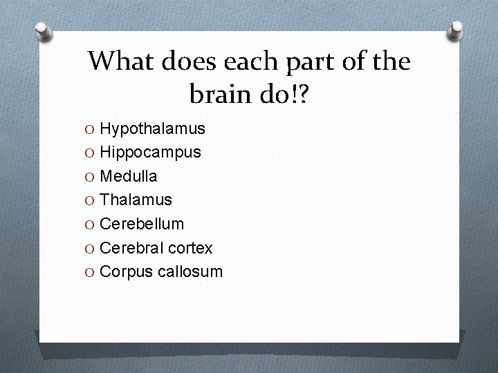 What does each part of the brain do!? O Hypothalamus O Hippocampus O Medulla