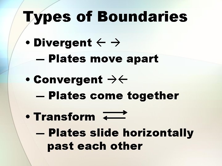 Types of Boundaries • Divergent ― Plates move apart • Convergent ― Plates come