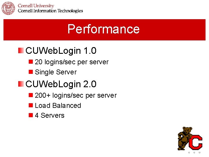 Performance CUWeb. Login 1. 0 n 20 logins/sec per server n Single Server CUWeb.