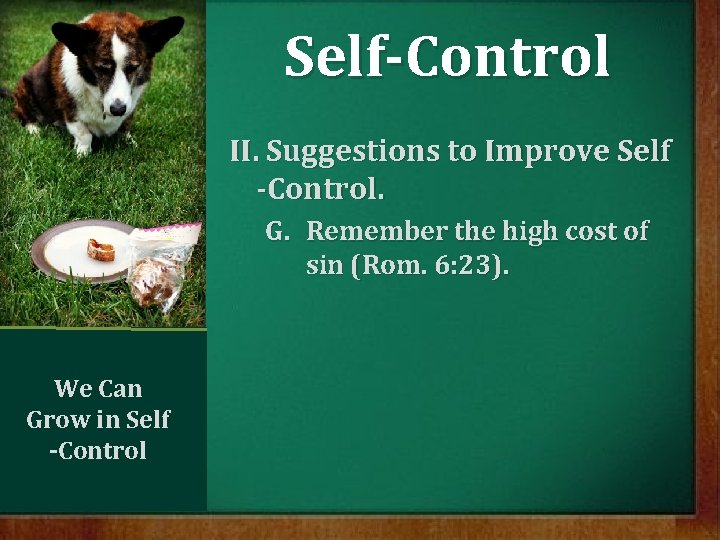 Self-Control II. Suggestions to Improve Self -Control. G. Remember the high cost of sin