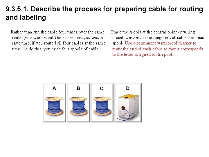 9. 3. 5. 1. Describe the process for preparing cable for routing and labeling
