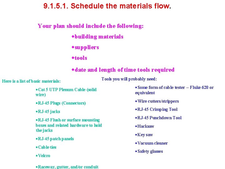 9. 1. 5. 1. Schedule the materials flow. Your plan should include the following: