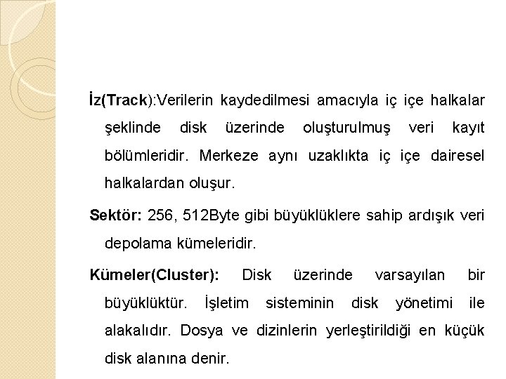 İz(Track): Verilerin kaydedilmesi amacıyla iç içe halkalar şeklinde disk üzerinde oluşturulmuş veri kayıt bölümleridir.