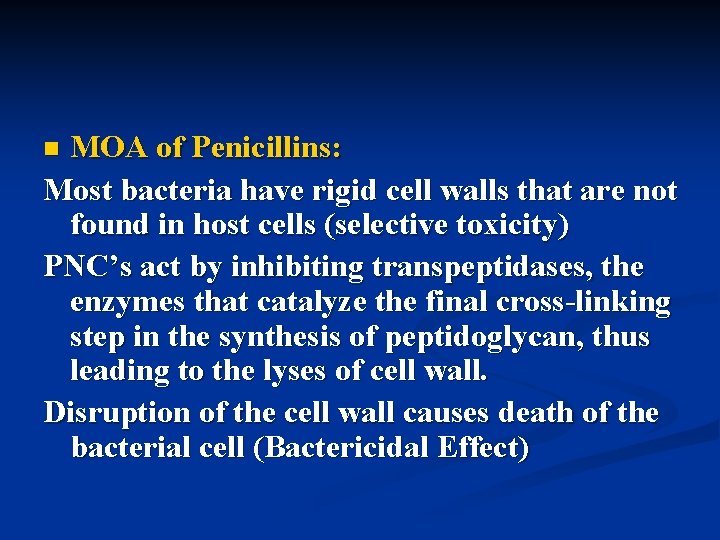 MOA of Penicillins: Most bacteria have rigid cell walls that are not found in