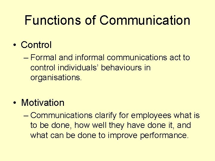 Functions of Communication • Control – Formal and informal communications act to control individuals’