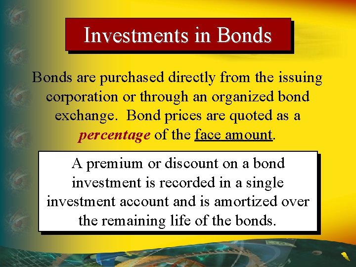 Investments in Bonds are purchased directly from the issuing corporation or through an organized