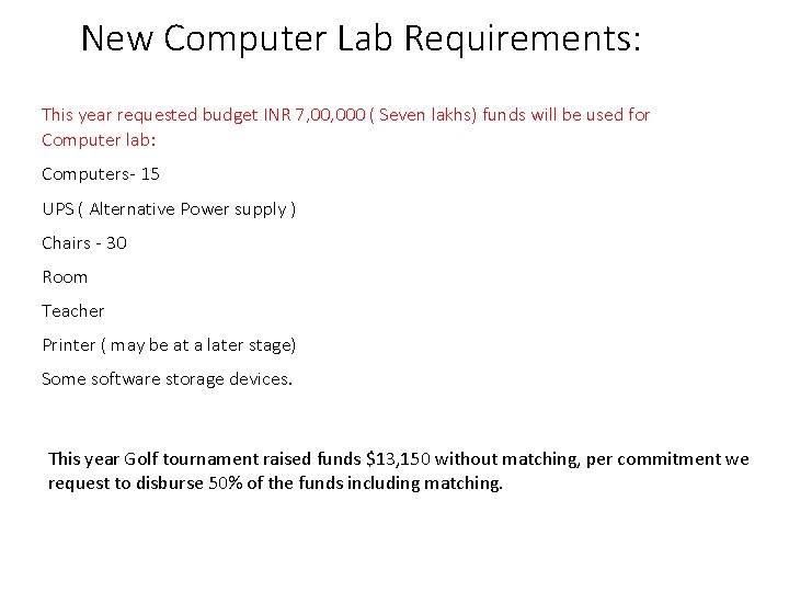 New Computer Lab Requirements: This year requested budget INR 7, 000 ( Seven lakhs)