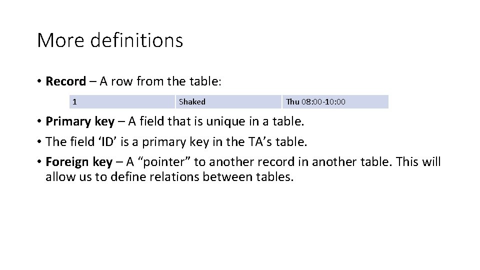 More definitions • Record – A row from the table: 1 Shaked Thu 08: