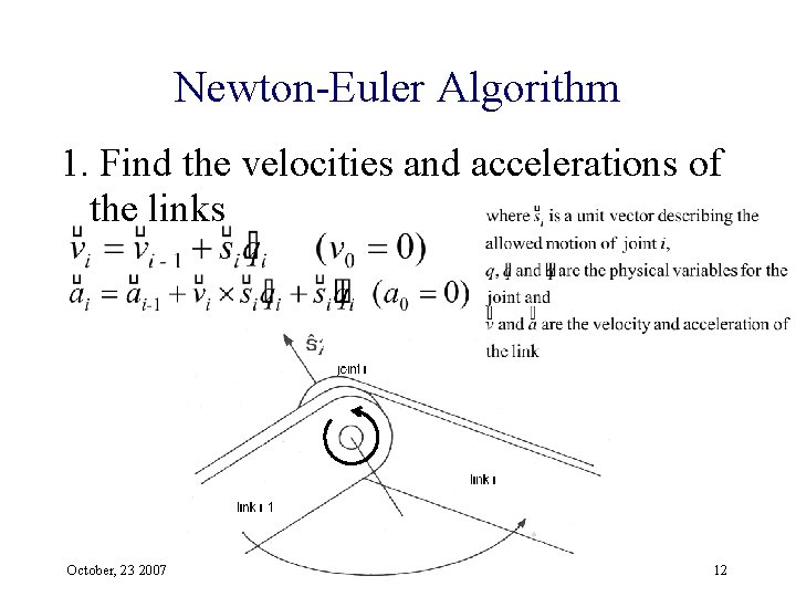 Newton-Euler Algorithm 1. Find the velocities and accelerations of the links October, 23 2007
