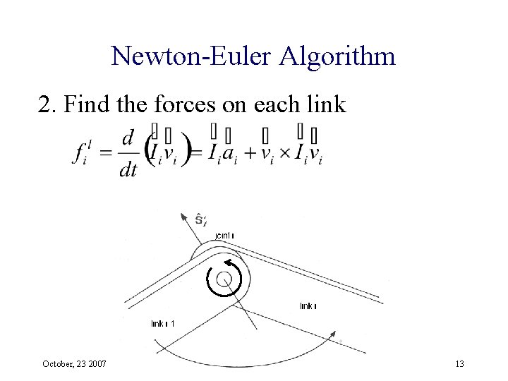 Newton-Euler Algorithm 2. Find the forces on each link October, 23 2007 13 