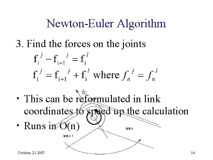 Newton-Euler Algorithm 3. Find the forces on the joints • This can be reformulated