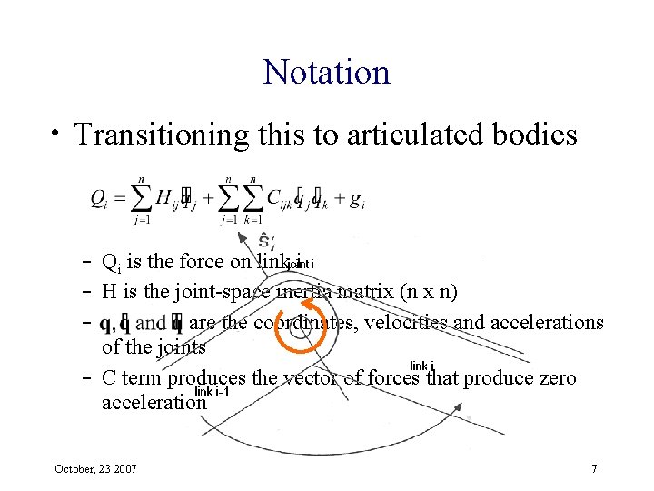 Notation • Transitioning this to articulated bodies – Qi is the force on link
