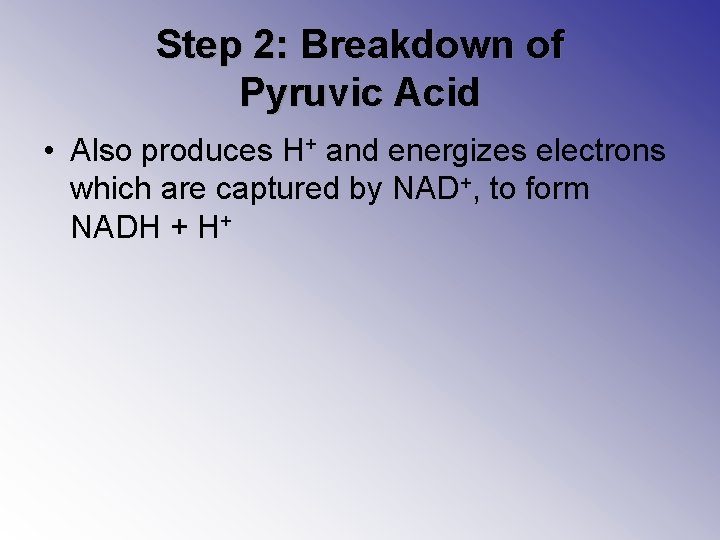 Step 2: Breakdown of Pyruvic Acid • Also produces H+ and energizes electrons which