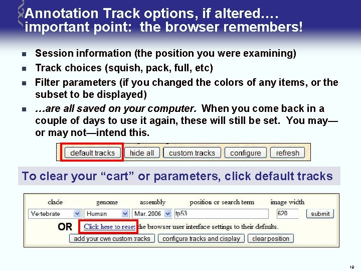 Annotation Track options, if altered…. important point: the browser remembers! n n Session information