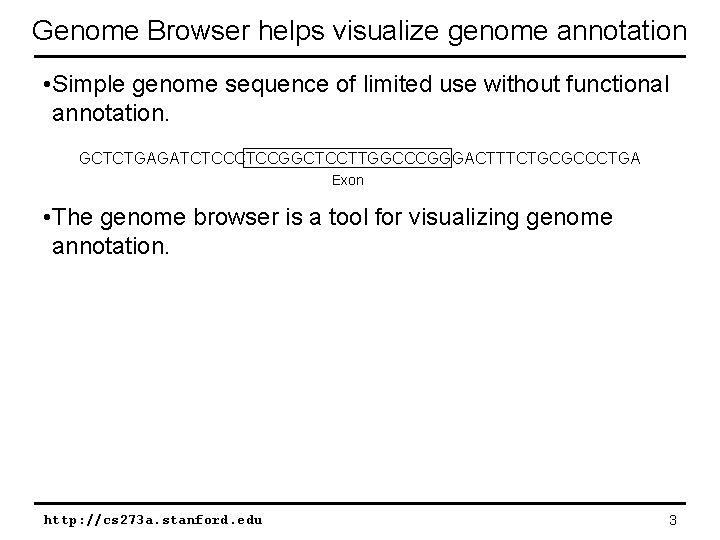 Genome Browser helps visualize genome annotation • Simple genome sequence of limited use without