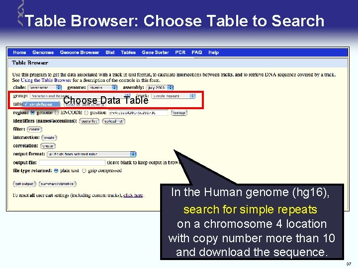 Table Browser: Choose Table to Search Choose Data Table In the Human genome (hg