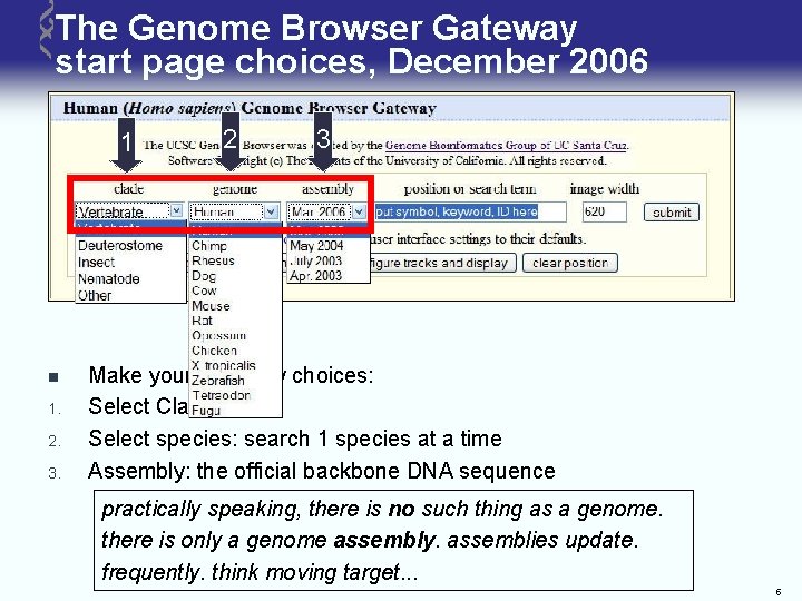 The Genome Browser Gateway start page choices, December 2006 1 n 1. 2. 3.