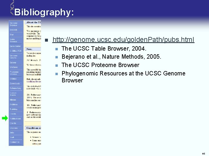 Bibliography: n http: //genome. ucsc. edu/golden. Path/pubs. html n n The UCSC Table Browser,