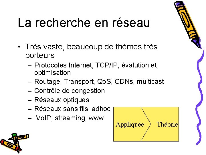 La recherche en réseau • Très vaste, beaucoup de thèmes très porteurs – Protocoles