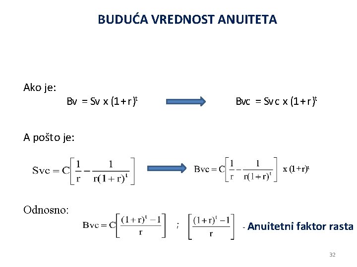 BUDUĆA VREDNOST ANUITETA Ako je: Bvc = Sv c x (1 + r )ᵗ