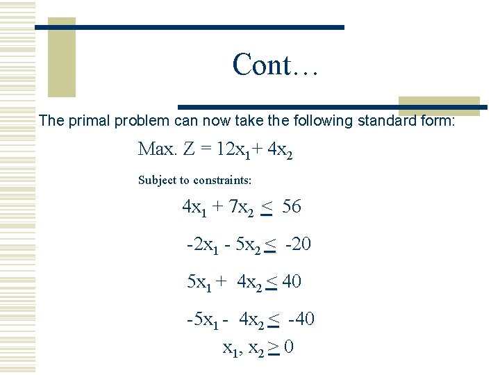 Cont… The primal problem can now take the following standard form: Max. Z =