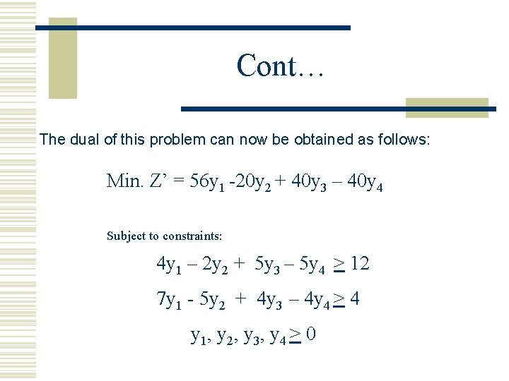 Cont… The dual of this problem can now be obtained as follows: Min. Z’