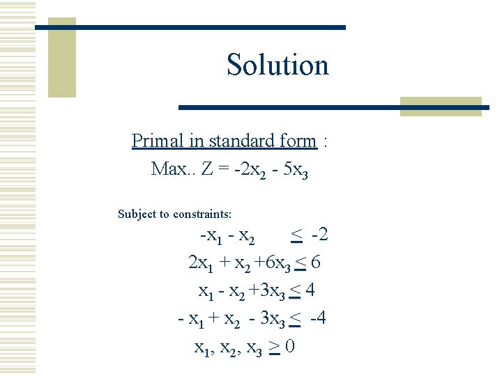 Solution Primal in standard form : Max. . Z = -2 x 2 -