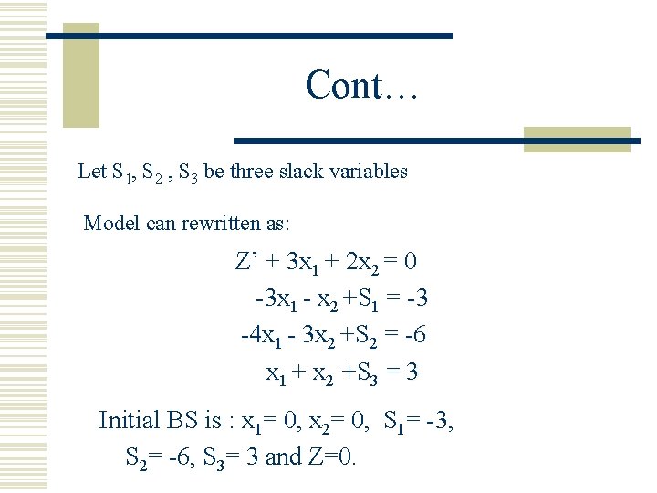 Cont… Let S 1, S 2 , S 3 be three slack variables Model