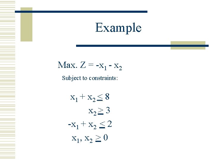 Example Max. Z = -x 1 - x 2 Subject to constraints: x 1