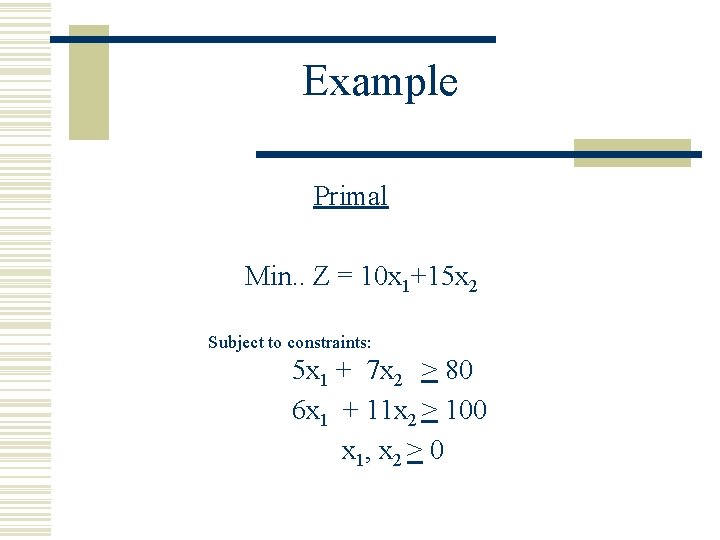 Example Primal Min. . Z = 10 x 1+15 x 2 Subject to constraints: