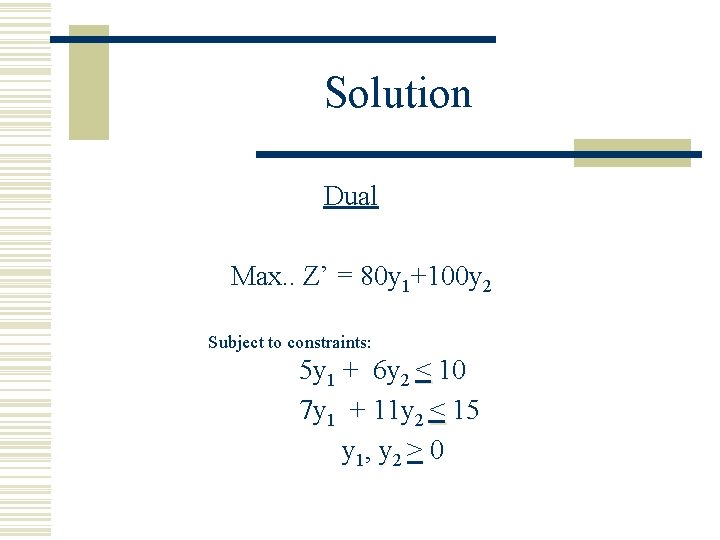 Solution Dual Max. . Z’ = 80 y 1+100 y 2 Subject to constraints: