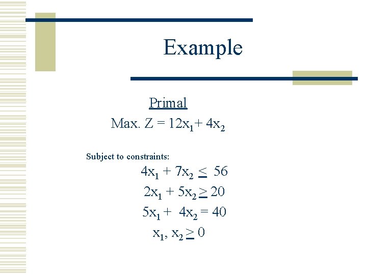 Example Primal Max. Z = 12 x 1+ 4 x 2 Subject to constraints: